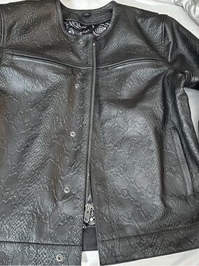 Black Snakeskin-Embossed Genuine Leather Jacket with Black Bandana Lining